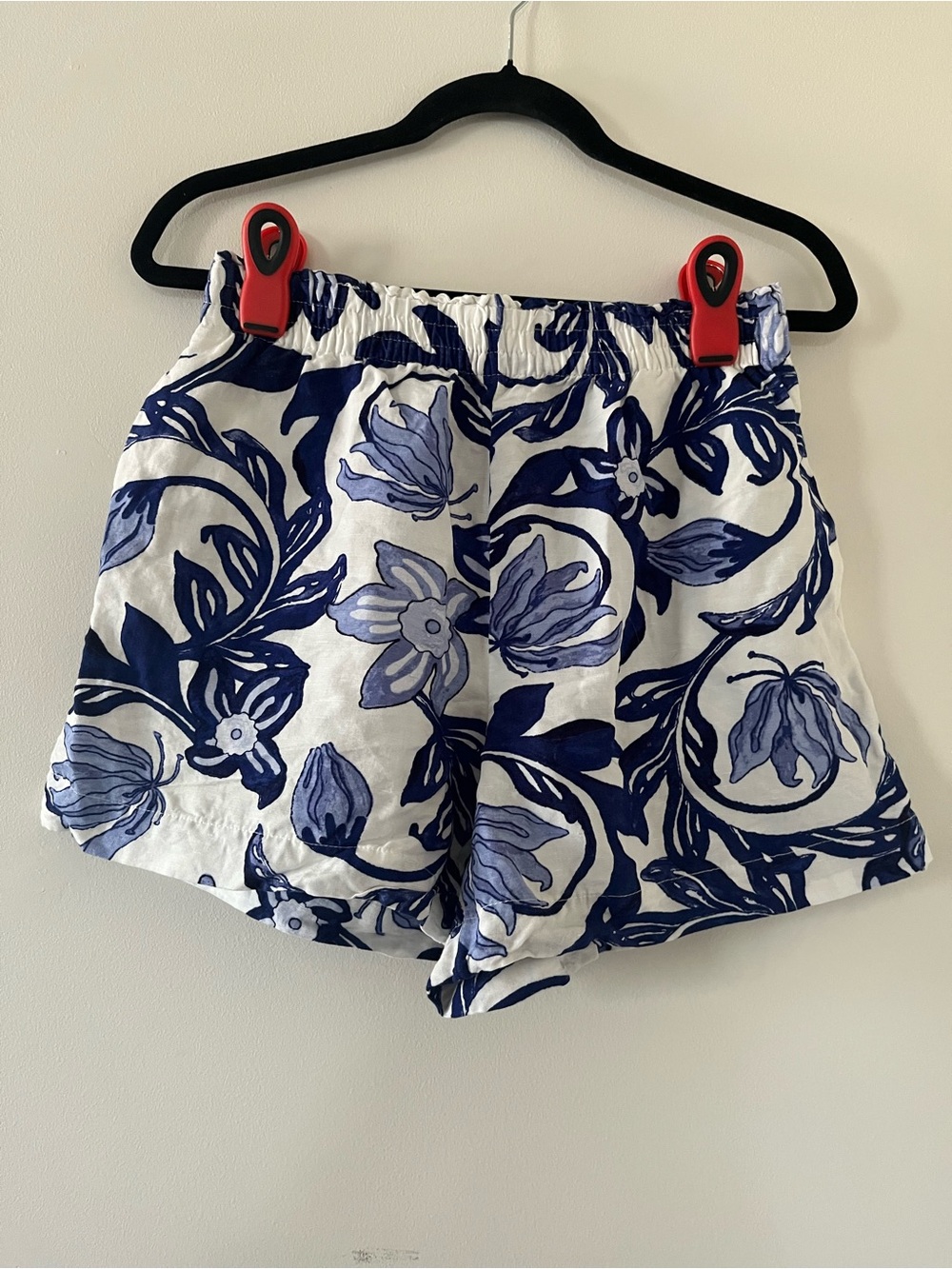 H&M Blue White Floral Linen Blend Shorts Small Coastal Resort Beach Vacation